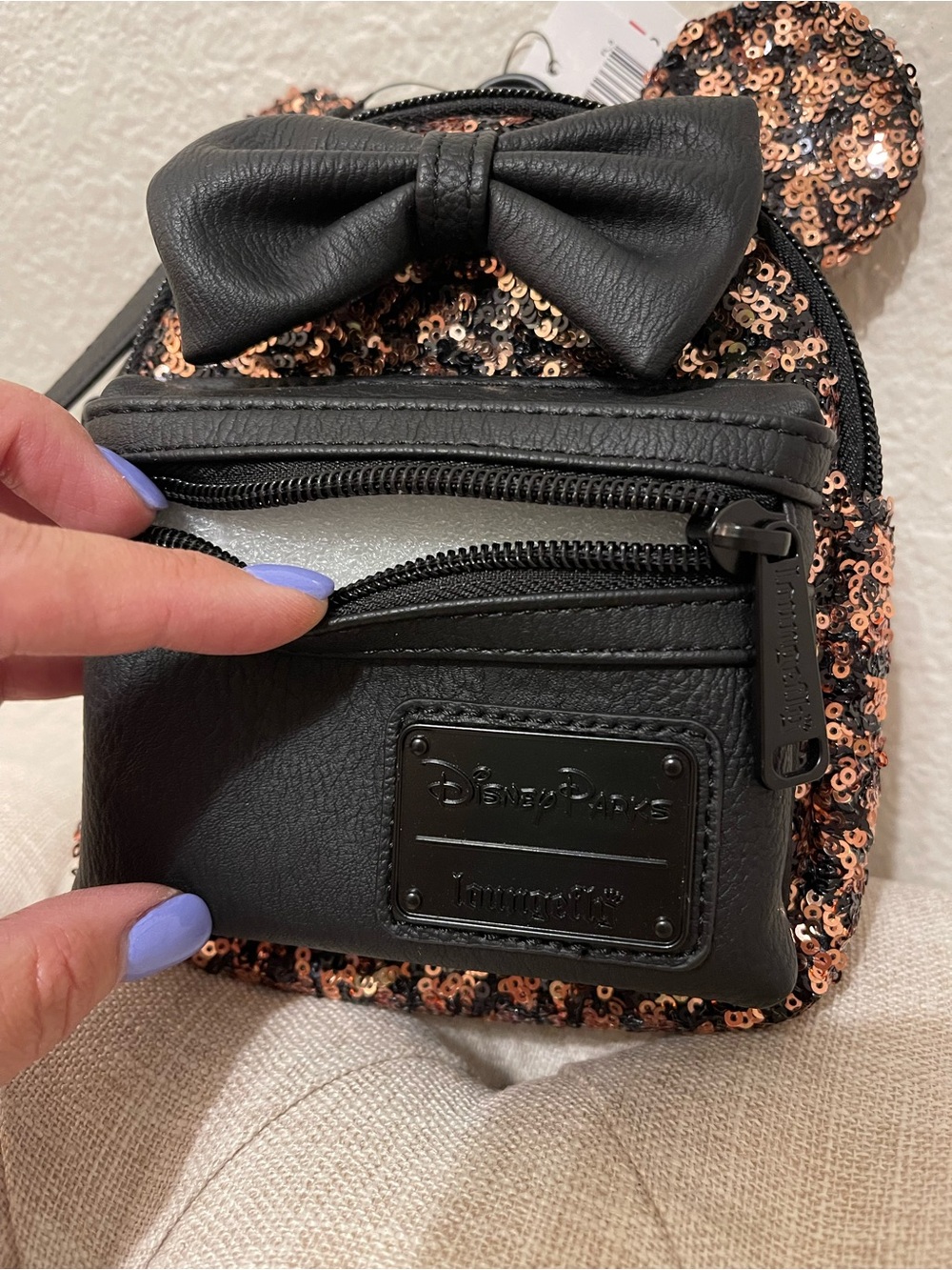 Sequin Mini Loungefly Bow Wristlet Bag - Black and Rose Gold - Picture 2 of 4